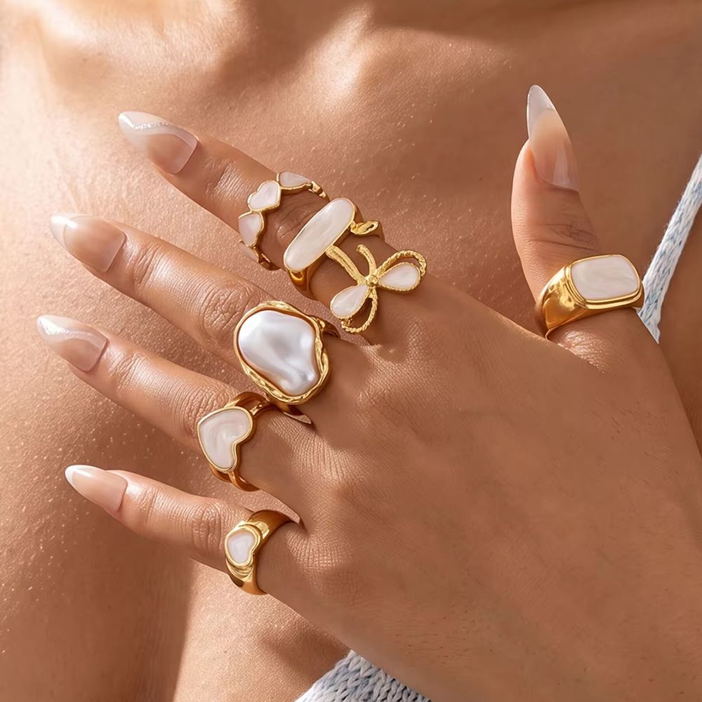7Pcs/Set Boho Pearls Heart Bow - Vintage Punk Knuckle Rings Set 评论和价格
